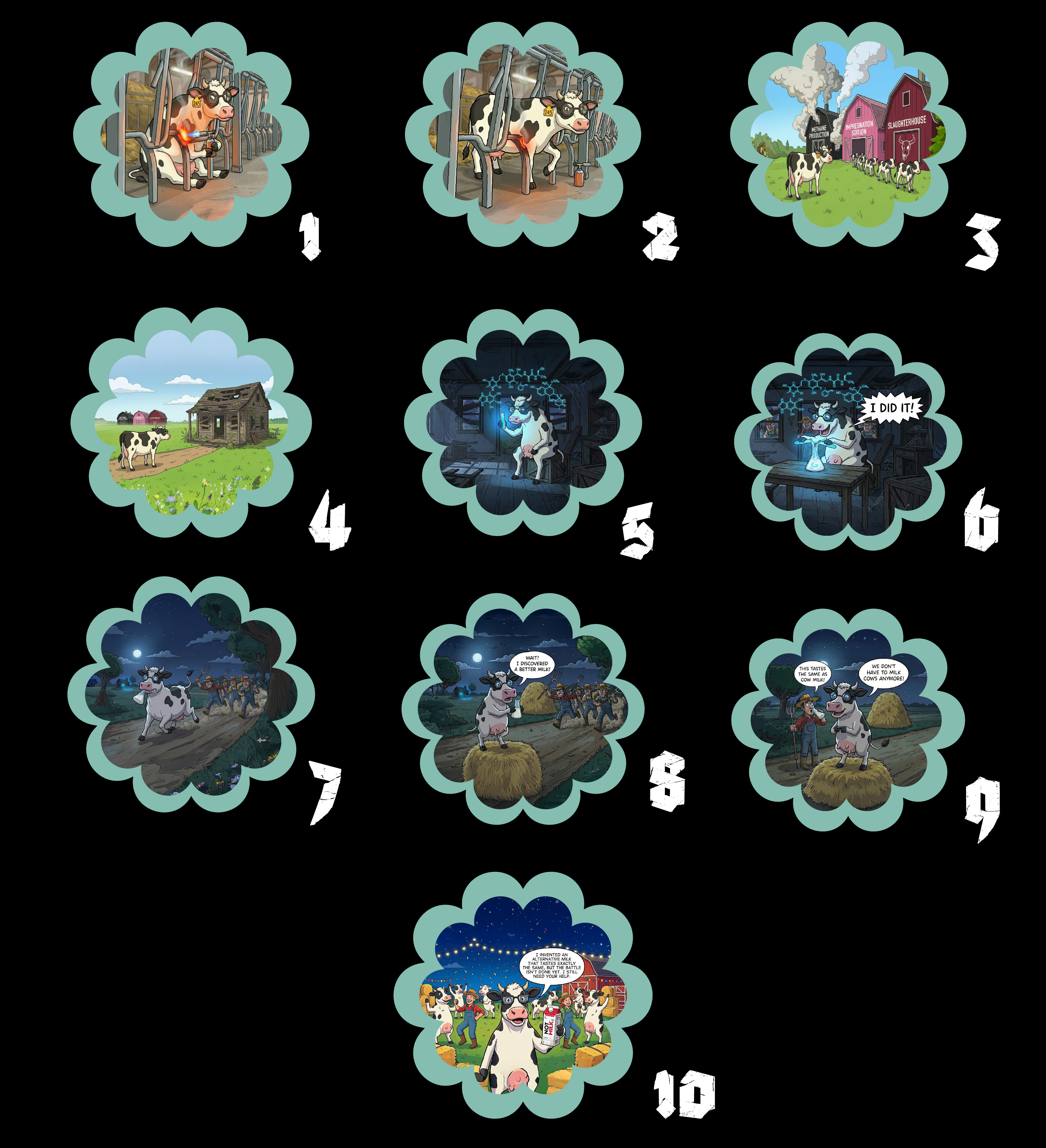NOT MILK storytelling grid showing Lucas the cow’s story in ten panels.