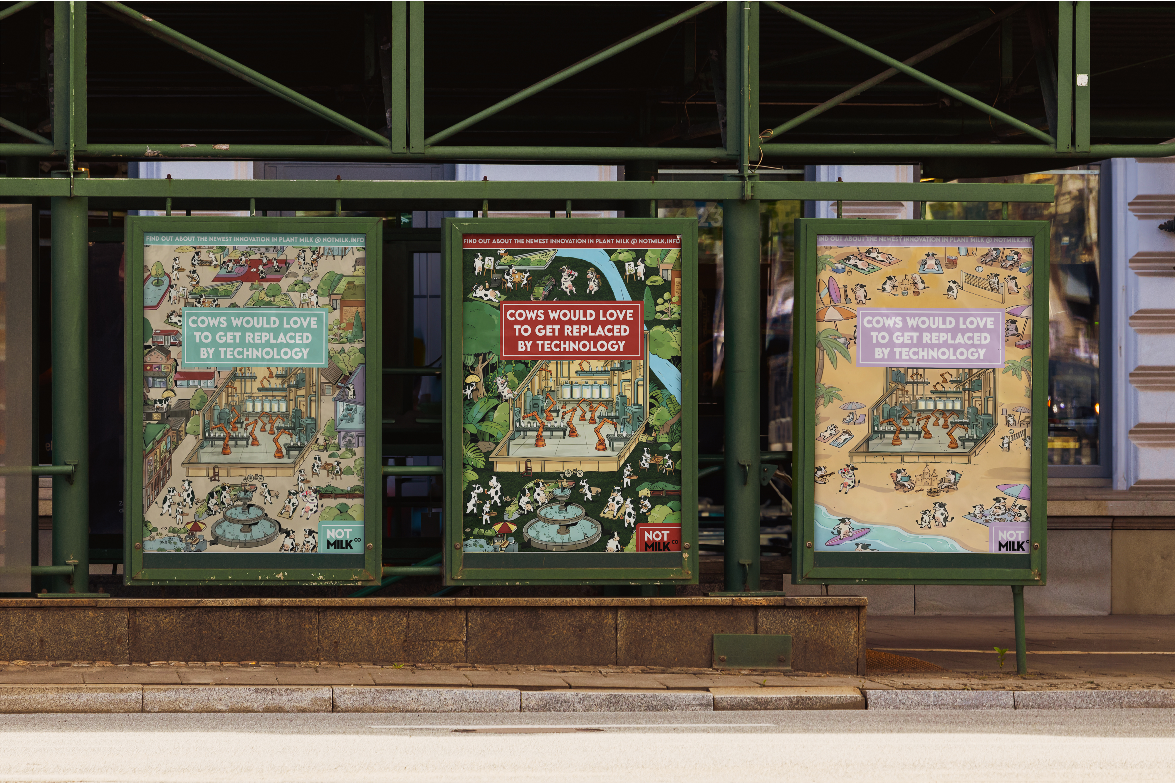 Three NOT MILK print ads installed in a city display.