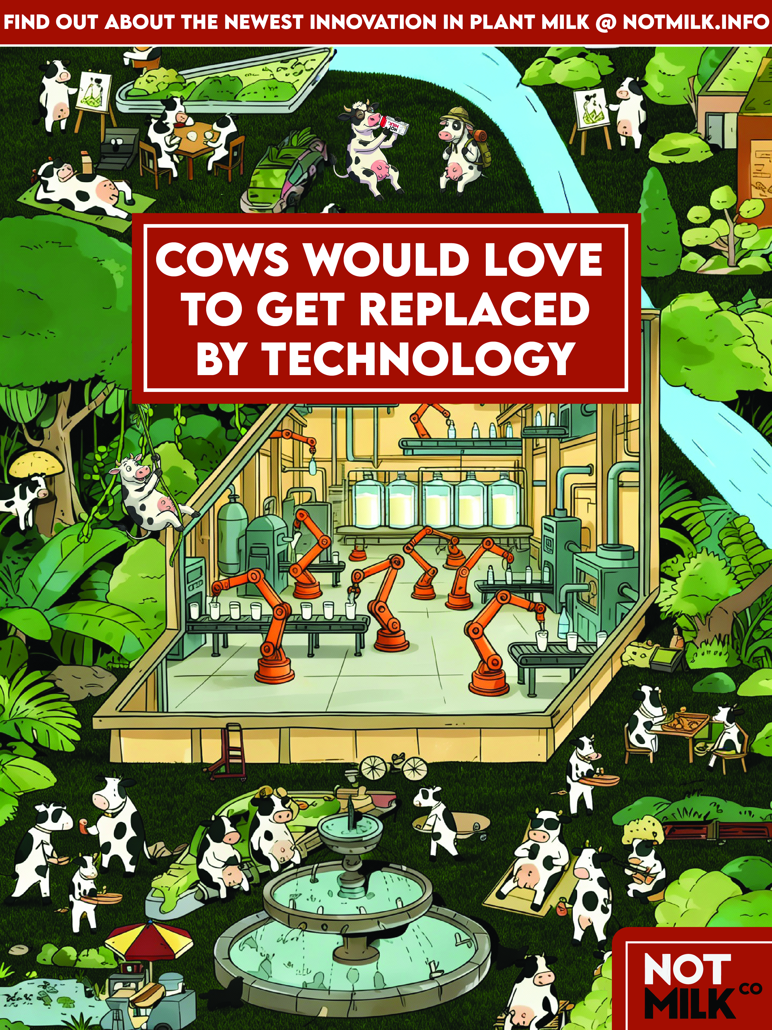 NOT MILK poster with a red headline panel and cows in a jungle.